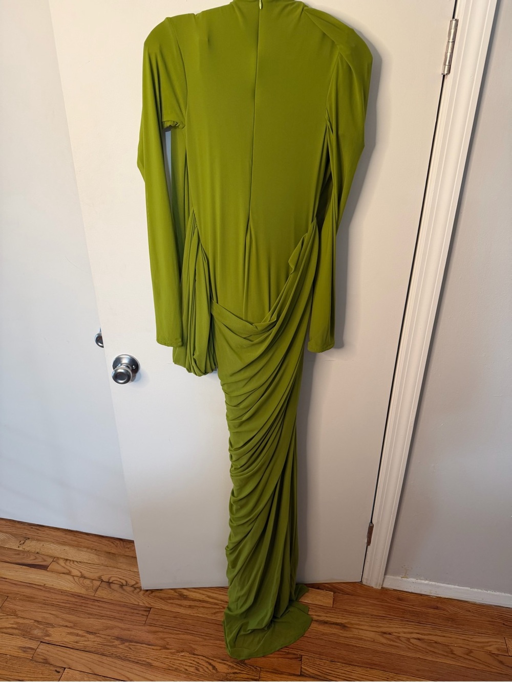 Long-Sleeve Olive Green Draped Evening Gown - Picture 4 of 4